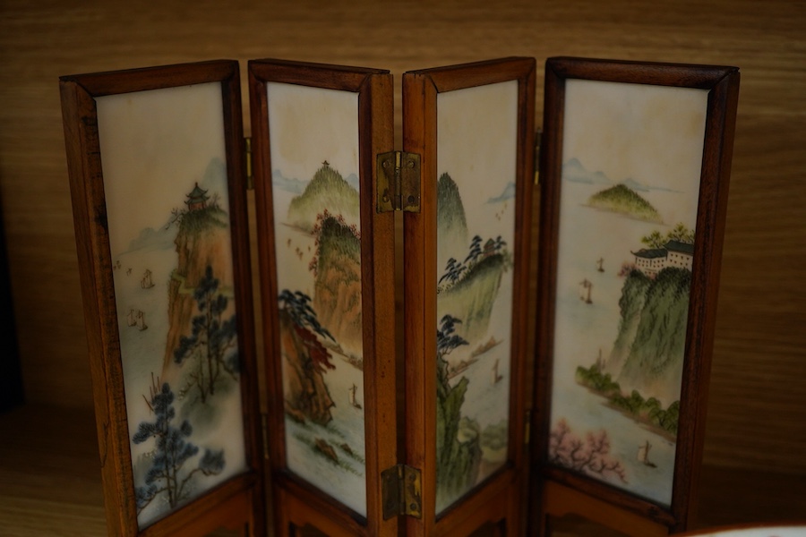 A group of Japanese ceramics to include a Satsuma tripod censer and a miniature Chinese screen, largest 24cm high